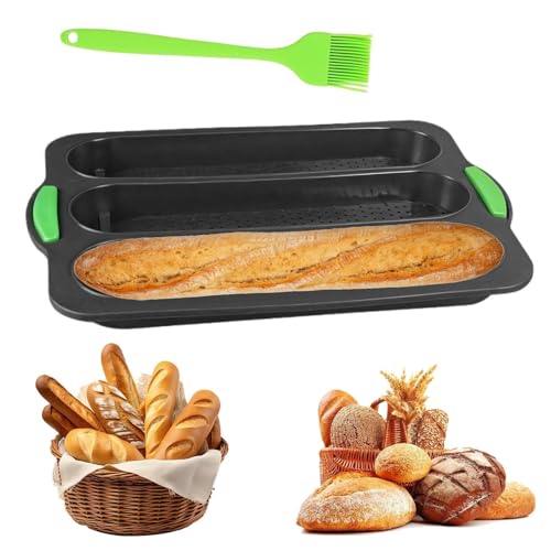 Dulynva Molde Pan Baguettes Molde para Panecillos Antiadherente Bandeja para Baguette Moldes para Hornear Pan de Silicona 3 ranuras con Cepillo de Silicona Moldes para horno baguettes hot dogs