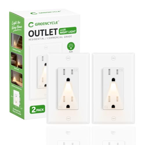 Greencycle Outlet with Night Light,2PK 15Amp Electrical Wall Outlet