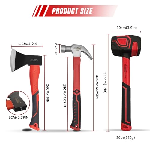 Image of 3 Piece Hammer Set, Camping Axe, Claw Hammer, Rubber Mallet | Hammer Set Mechanic, Rubber Mallet Set, Suitable for Family, Camping, Stakes, DIY