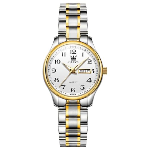 OLEVS Women's Watches Fashion Dress Calendar Day and Date Ladies Analog Quartz Watch Large Numbers Easy Read Casual Women's Watches Gold Silver Stainless Steel Female Wrist Watches Waterproof Luminous