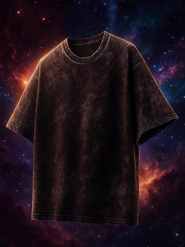 Image of Veirdo Heavy GSM Pure Cotton Acid Wash Print Round Neck Half Sleeve Oversized Fit Drop Shoulder T-Shirt for Men (Colors: Black, Navy, Green & Brown)
