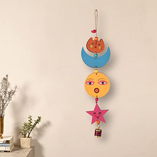 Image of Aakriti Art Creations Sunny Kitty Wind Chime Multicolor | Handmade Wooden & Metal Windchimes for Home | Decorative Wind Chimes for Balcony, Garden, Living Room | Feng Shui Wind Chime Decor