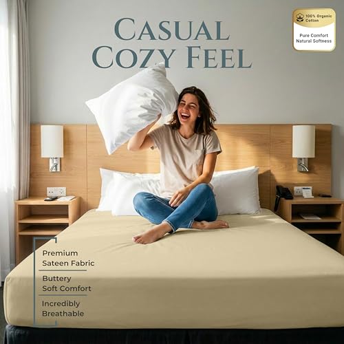 Image of Royale Linens 400 Thread Count Full Size Fitted Sheet Only - 100% Cotton Bed Fitted Sheet - Luxury Sateen Weave - All Around Elastic Deep Pocket - Soft & Durable Bottom Sheets - Fit Up to 16 inch (Sand)