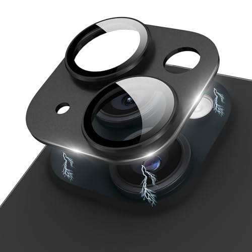 Kanosan Compatible for iPhone 15/ iPhone 15 Plus/iPhone 14/ iPhone 14 Plus Camera Lens Protector Metal Plus Aluminium Alloy Ring 9H Tempered Glass Screen Camera Cover Black