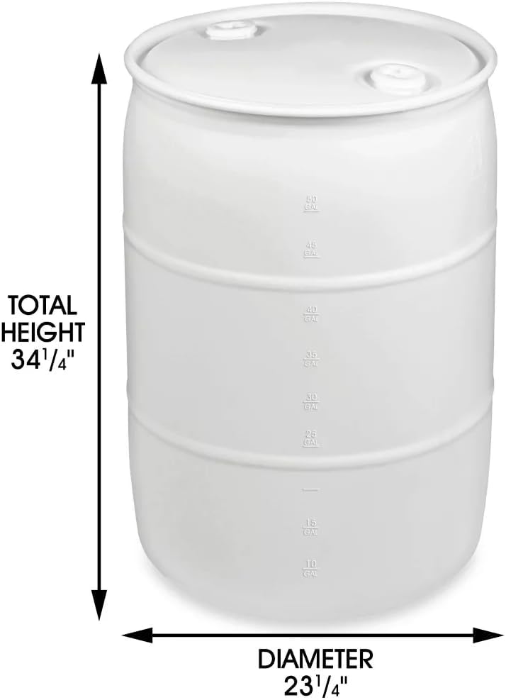 55-Gallon Water Storage Barrel, BPA Free, Emergency Water Supply - Eco Friendly - Made in USA (White)