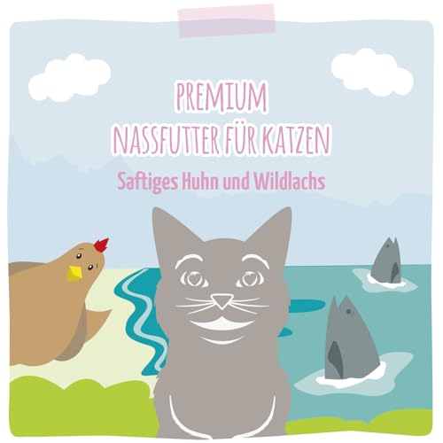 MjAMjAM - Premium Nassfutter für Katzen - saftiges Huhn und Wildlachs, 6er Pack (6 x 400 g), getreidefrei mit extra viel Fleisch