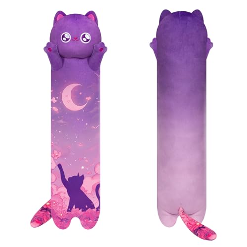 Mewaii 50 cm Kawaii Cat Peluche Cojín Largo Gato púrpura Juguete Suave y cómodo Almohada de Gato de Peluche para niños de 3 años y más