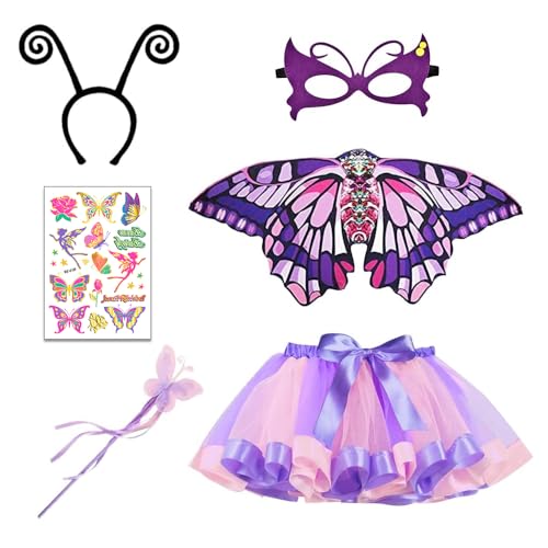 LUFEIS Disfraz Hada Niña, 6 Piezas Disfraz de Hadas Mariposa, con Alas de mariposa, faldas, varitas, velos, pegatinas y diademas, ara Halloween Carnaval Pascua Fiesta Cosplay Baile (3-8 Años)
