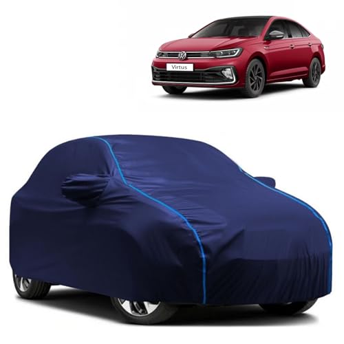 Image of Kerwa Car Body Cover Waterproof with Volkswagen Virtus, Dust & UV Resistant All-Weather Proof Full Body Cover, Blue with Blue Lining, Triple Stitch Elasticated Bottom with Mirror Pocket