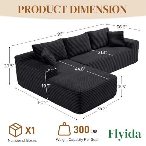 Image of 96 inch Boneless Cloud Sectional Couches for Living Room, Comfy Fluffy L Shaped Memory Foam Deep Seat Boneless Couch, Modular Sectional Sofa with Left Facing Chaise, Black
