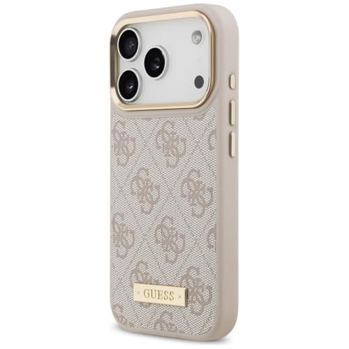 Coque MagSafe iPhone 17 Pro Guess avec plaque logo 4G rose premium