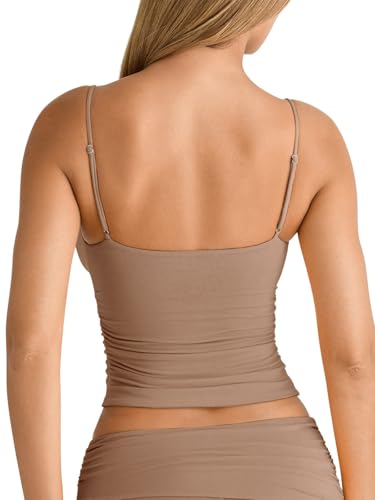 Image of PINKMSTYLE Women's Sexy V Neck Ruched Cami Top Sleeveless Spaghetti Double Layer Fitted Crop Tank Tops