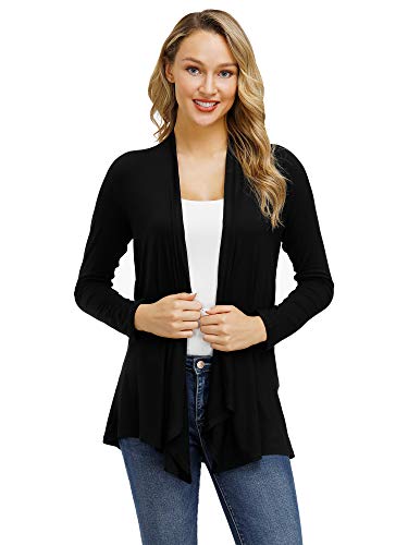 SATINIOR Womens Open Front Long Sleeve Lightweight Soft Basic Cardigan (Black, M)