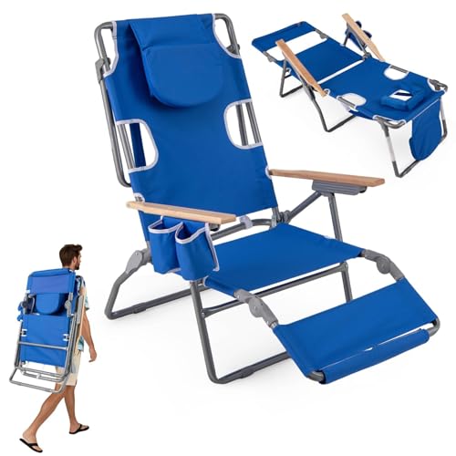 Costway 3-in-1 Foldable Beach Chair, Lay-Flat Tanning Chair w/Face Hole, Footrest, Adjustable Backrest, Pillow, Portable Reclining Lounger for Sunbathing, Heavy-Duty Recliner for Camping (Navy)