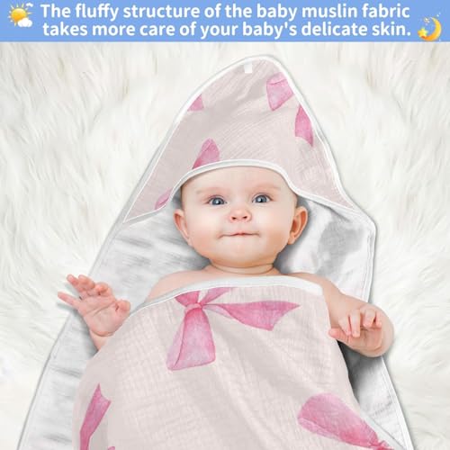Image of Burbuja Pink Bow Baby Bath Towel - Soft Absorbent Muslin Cotton Hooded Towel for Newborn Infant Toddler, 30x30 in