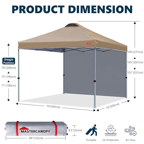 Image of MASTERCANOPY 10x10 Durable Pop Up Canopy Tent with 1 Sidewall, Khaki