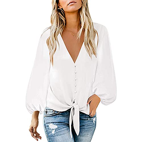 SANFASHION - Camiseta de algodón y lino para mujer, diseño floral bohemio, pluma, cuello en V, estampado de hojas, informal de manga larga F- Marine XXL