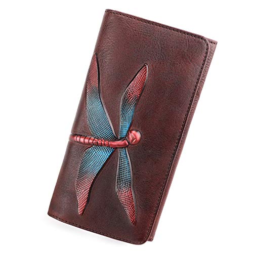 Genuine Leather Wallets for Women RFID Blocking Embossed Vintage Long Cute Purses Handmade Card Holder Organizer with Zipper (Coffee1)