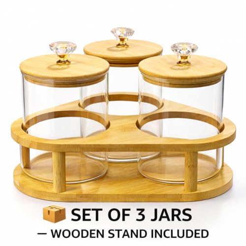 Image of 850ml Glass Storage Jar Set of 3 with Bamboo Stand & Wooden Lids | Airtight Kitchen Containers for Cookies, Dry Fruits, Snacks, Tea, Coffee | Countertop Organizer