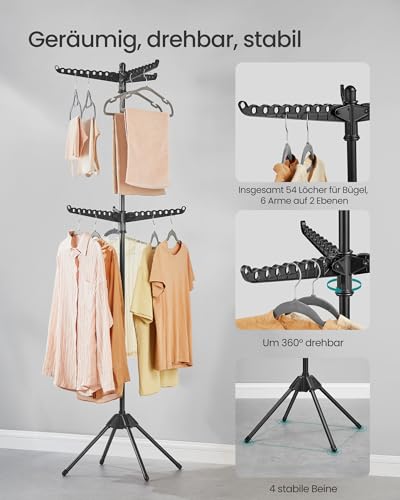 SONGMICS Wäscheständer, Standtrockner, 6 drehbare Arme für Kleiderbügel, 4 Beine, klappbar, für Innenbereich, Edelstahl, für Kleidung und Socken, 191 cm hoch, schwarz LLR514B01