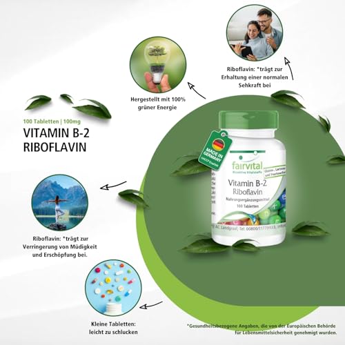 Fairvital | Vitamin B2 Riboflavin - 200mg pro Tag - 100 Tabletten - HOCHDOSIERT - VEGAN - schluckfreundlich