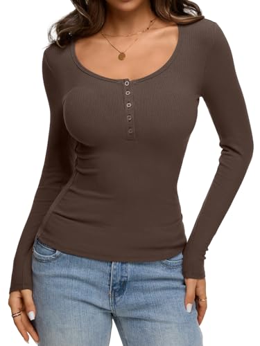 REORIA Women's 2025 Fall Long Sleeve Henley T Shirts Button Ribbed Knit Slim Fit Casual Basic Tops Blouse Coffee XX-Large — view 4