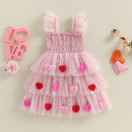 Toddler Valentines Outfit Girl Baby Heart Fly Sleeve Mesh Layered Princess Dress Little Girls Summer Tulle Dresses (Pink, 18-24 Months)