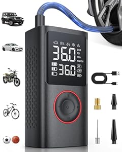 Powools Kabelloser Elektrische Luftpumpe, 150PSI Akku Kompressor Fahrradpumpe mit LED-Licht & Auto-Stopp, Wiederaufladbare Reifenpumpe für E-Bike, Auto, Motorrad, Bälle, Schwarz, 8.90x4.75x13.70cm