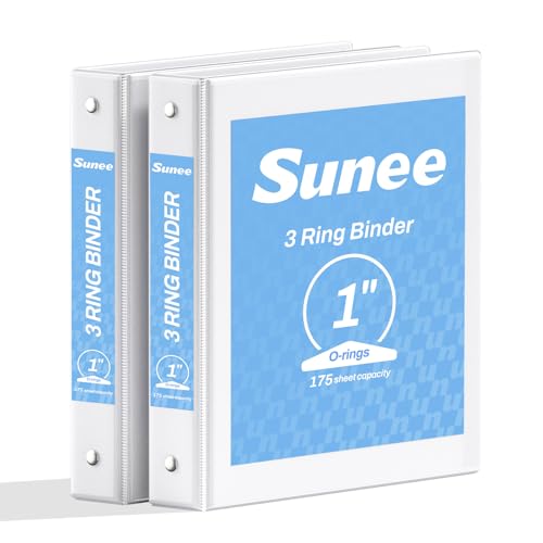 SUNEE 3 Ring Binder 1 Inch 2 Pack Clear View Three Ring PVC-Free (Fit 8.5x11 Inches) for School or Office Supplies White