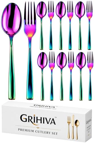 Image of 12-Pcs. Rainbow Cutlery Set - Iridescent Stainless Steel Flatware Service for 6 with 6 Dinner Spoons & 6 Dinner Forks - Titanium Ion Plated Mirror Finish - Multicolor Silverware