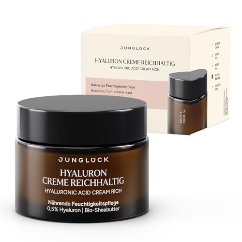 JUNGLÜCK Hyaluron Creme Hochdosiert Gesicht Reichhaltig - Anti Aging Feuchtigkeitscreme mit Hyaluronsäure - Tages- & Nachtcreme mit BIO Aloe Vera und BIO Shea Butter - Spendet intensiv Feuchtigkeit