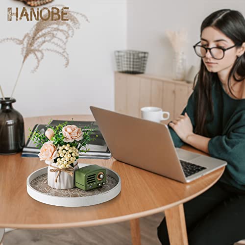 Hanobe Round Wood Decorative Tray: Rustic White Boho Coffee Table Tray Farmhouse Tray Decor Centerpiece Wooden Circle Ottoman Serving Trays for Home Kitchen Counter - Image 3