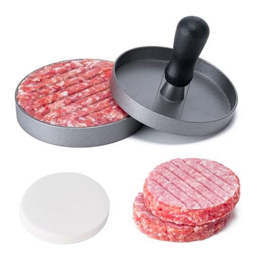 Yunzt Burger Press 100 Patty Papers Set 4.6 Inch Round Smasher Non-Stick Hamburger Patty Maker with Wax Paper Aluminum Burger Maker for Kitchen BBQ Meat Beef Cheese Veggie Burger Maker