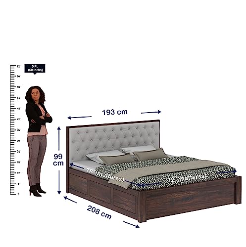Image of Ganpati Arts Solid Sheesham Wood Decan King Size Bed with Hydraulic Storage and Upholstery Headboard (Walnut Finish)