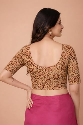 Image of Amazon Brand - Anarva Women's Kalamkari Print Cotton Stretchable Round Neck Readymade Saree Blouse