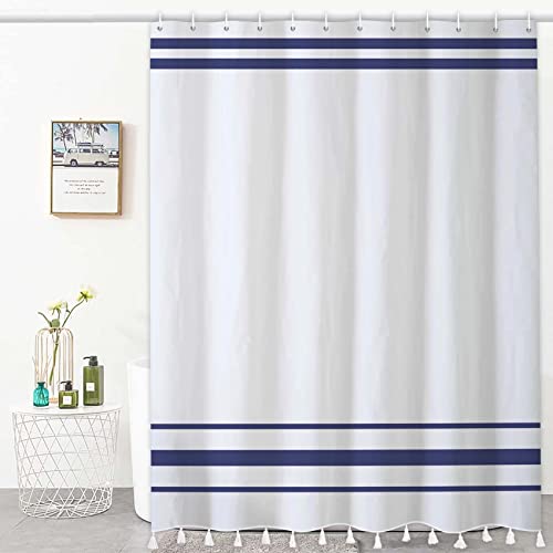 Bovlleetd Azul Marino Cortina de Ducha Borlas Cortina de Ducha Moderna Minimalista a Rayas Boho para baño con Borlas Cortina de Ducha de Tela Impermeable para decoración de baño 183x183cm