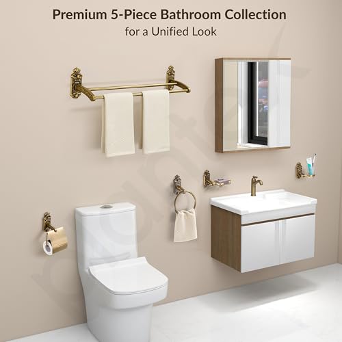 Image of Plantex Aluminium Antique Bathroom Accessories Set Of 5-Pcs /Bathroom Hardware Set (Towel Rod /Napkin Ring /Paper Holder /Soap Dish /Tumbler Holder), Gold