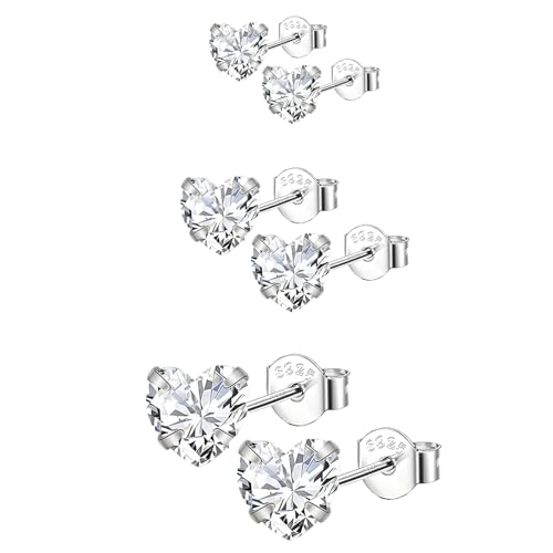 Image of Epoch World 925 Sterling Silver Heart Stud Earrings Set for Women Hypoallergenic 3 Pairs Tiny Studs Cartilage Sleeper Silver Earrings Heart Studs with Cubic Zirconia for Multiple Piercings 4/5/6mm