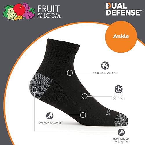 Image of Fruit of the Loom Men's Dual Defense Socks, Odor Protection with Half Cushion, Multi-Packs