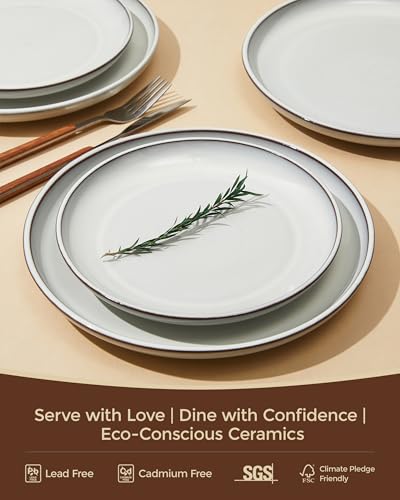 Image of Pokini 24 Piece Stoneware Dinnerware Set for 8, Moonstone White Plates and Bowls Set, Reactive Glaze Ceramic Dish Set, Durable & Chip Resistant, Modern Rustic Look, Microwave & Dishwasher Safe