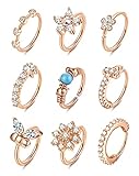 Jstyle 9Pcs 20G Nose Ring Hoop for Women Stainless Steel Paved CZ Flower Butterfly Nose Septum...