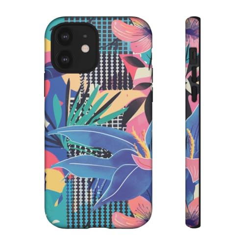 Coque iPhone 12 rigide mate bleu au motif floral abstrait chic