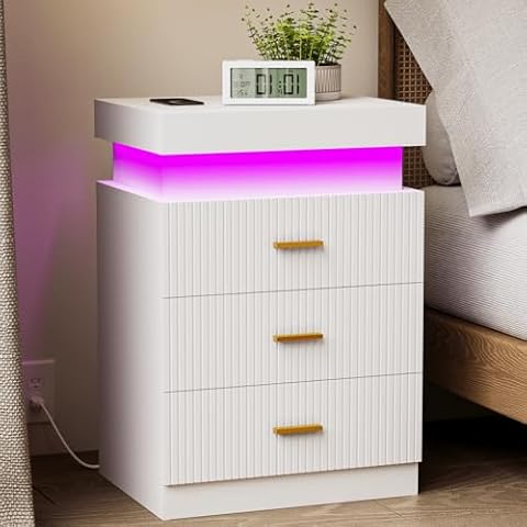 JOONEE White Nightstand with Charging Station and LED Lights,White Cover