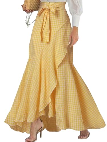 ebossy Womens Plaid Mermaid Skirt Tie Front Asymmetrical Ruffle A-Line Flowy Swing Fishtail Long Skirt