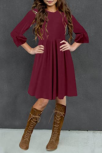 Hosika Toddler Girls Christmas Dress Loose Casual Ruffle Swing Midi Party Dress With Pockets 6-12 Years Wine Red L #TOP1