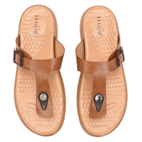 Image of Legwork Women's Orthopaedic T-Strap Thong Sandal | Acupressure Massage Footbed | EVA Cushioned Platform Sole | Doctor Arch Support | Adjustable Buckle Strap | Diabetic Friendly Flat Sandals for Women | UK 3-8 | Brown, Tan, Pink