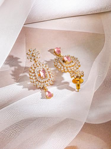 Image of Rubans 22K Gold-Plated Aqua Green /Pink Stone & Cubic Zirconia Studded Jewellery Set for Women - for Weddings & Special Occasions