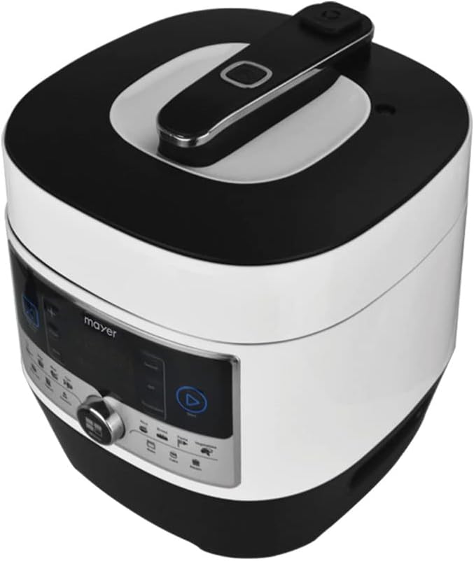 Vinklet view of the Mayer 6L Multi Pressure Cooker with the lid closed.