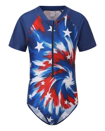 Image of Girls One Piece Rash Guard Swimsuits for Girl Short Sleeve Bathing Suits with Front Zipper Sun Protection Swimwear 3-16 Years