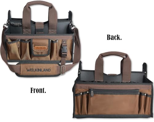 Image of WELKINLAND 20-Pockets Tool Tote Bag,16 inch Brown Open-Top Electrician Tool Bag